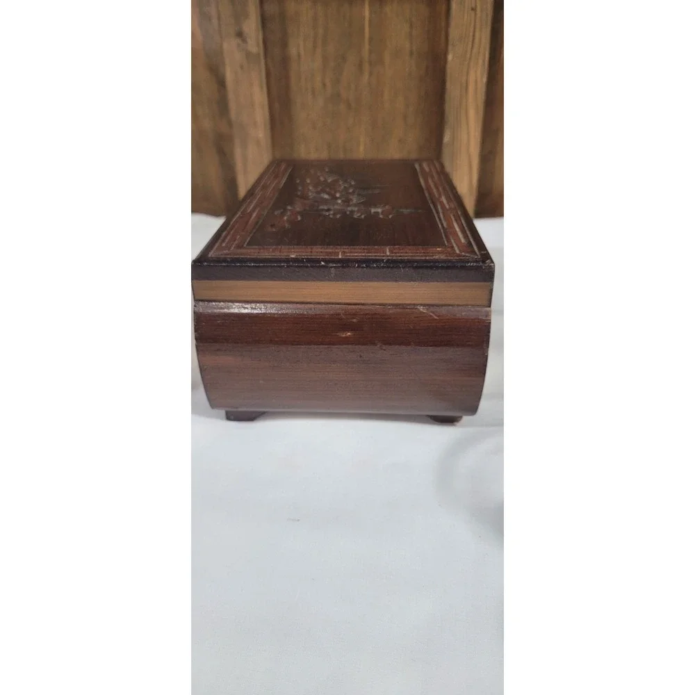 Vintage 1960's Wooden jewelry box with carved Asian Motifs